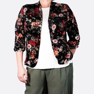 Slimming Cinched Velvet Blazer Plus 1X XL Open‎ Front Floral Jacket Dark Romance